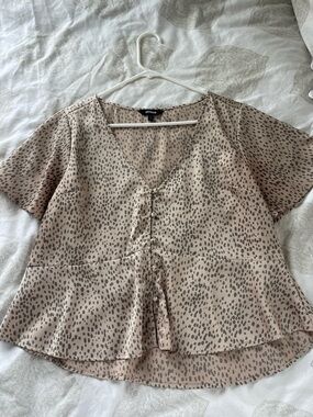 Express Beige Dot-Print V-Neck Button Front Blouse
